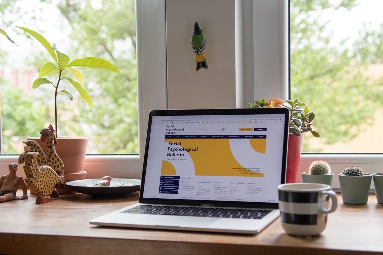 Open laptop on a windowsill next to a houseplant